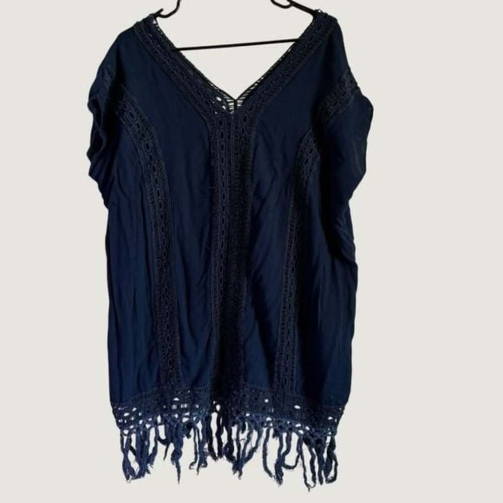 Boho Me Navy Blue Crochet Lace Fringe V-Neck Tunic Top‎ Womens Large